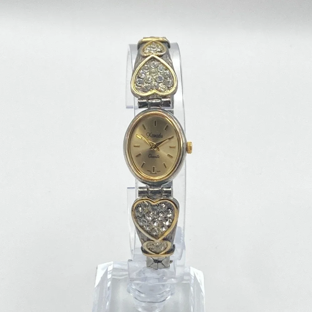 Vintage Xanadu Women's Watch Silver Gold Tone Hearts Crystals New Battery 7.25